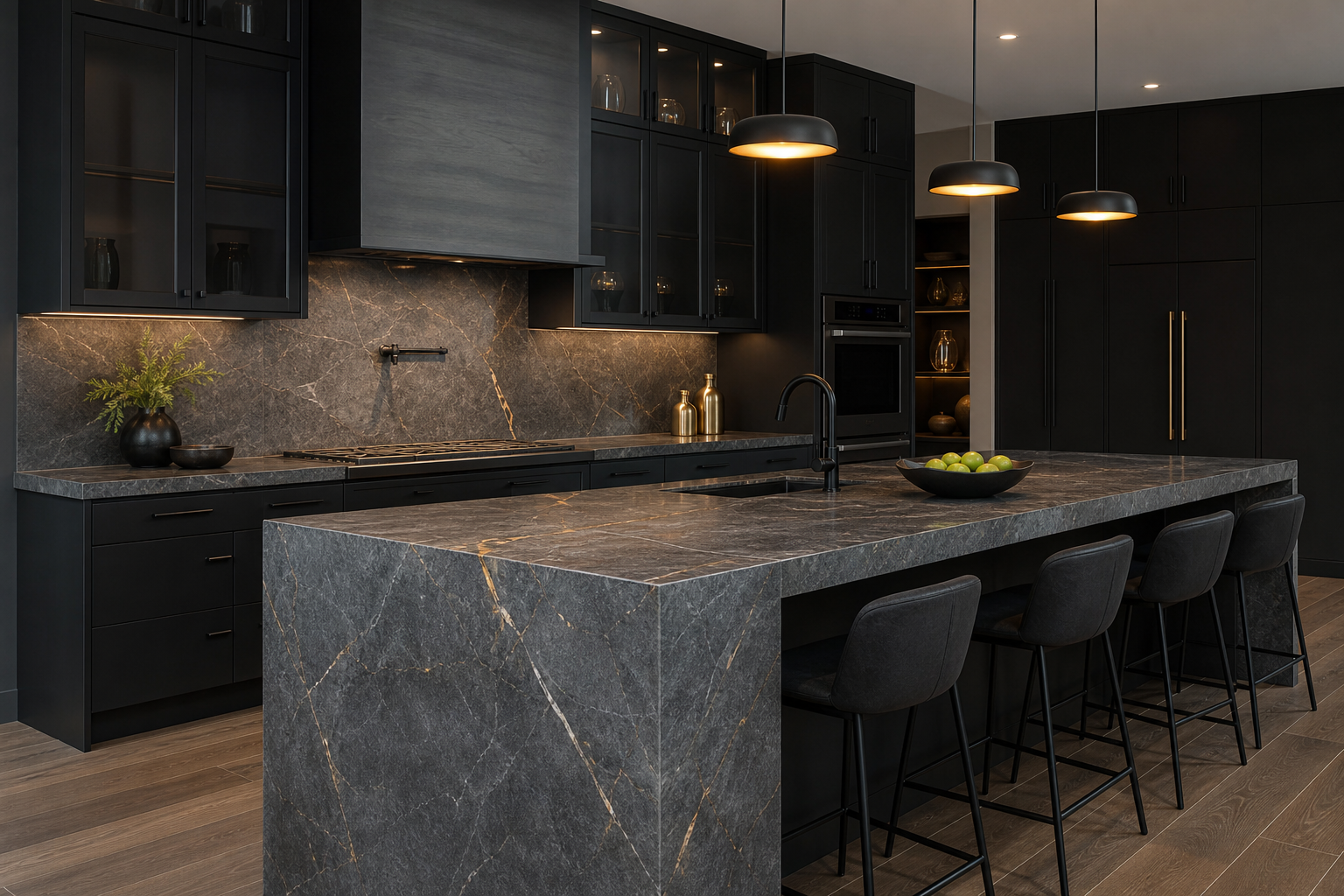 Concept image of a kitchen with a waterfall-edge granite island in charcoal stone with gold veining